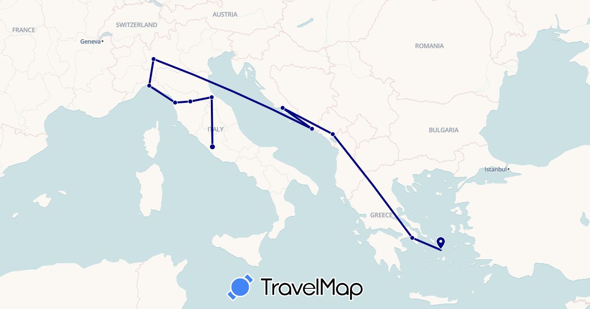 TravelMap itinerary: driving in Greece, Croatia, Italy, Montenegro, San Marino (Europe)